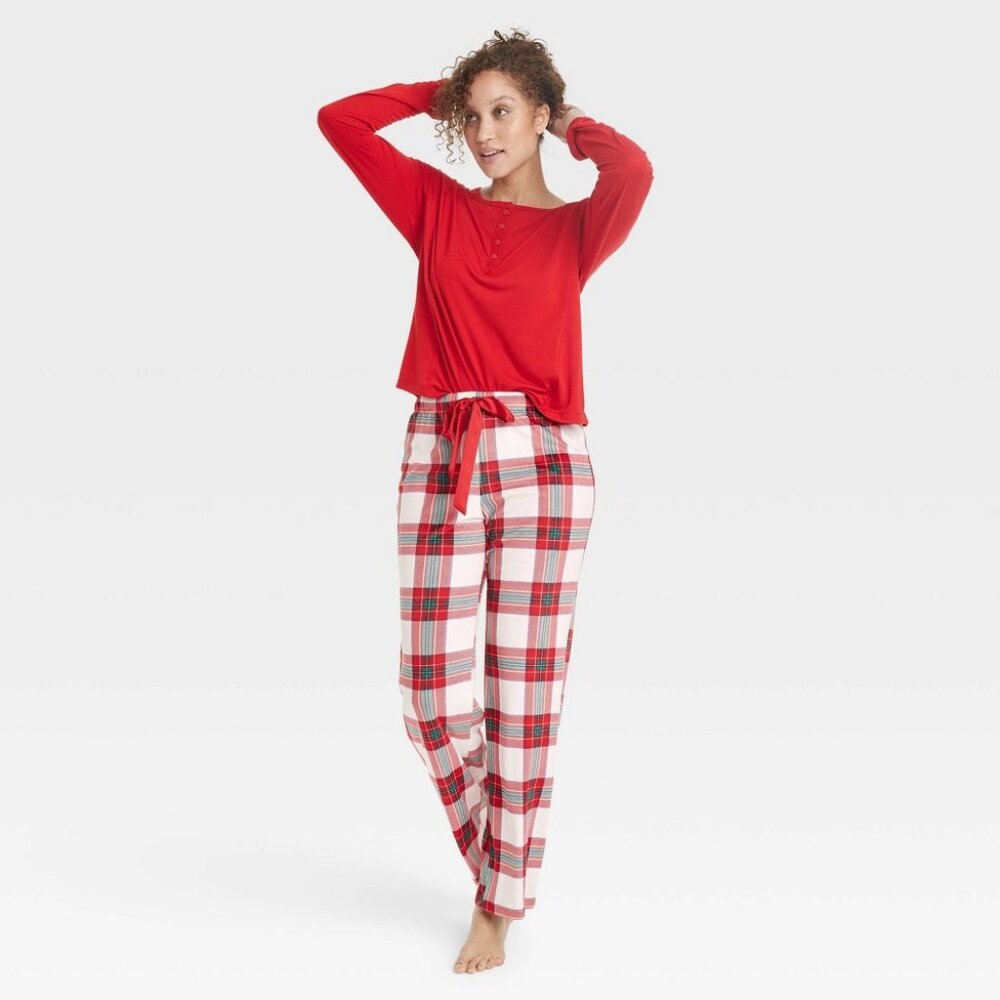 Women's Henley Pajama Gift Set Stars Above Cream Red Tartan Plaid Flannel